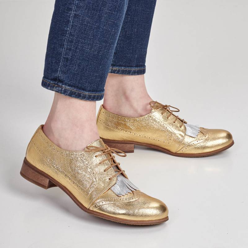 Hendrick - Festliche Damenschuhe Aus Goldenem Leder Mit Kontrastierender Silberner Franse, Cocktail-Oxfords-Schuh, Handgefertigt Und Anpassbar von JuliaBoShoes