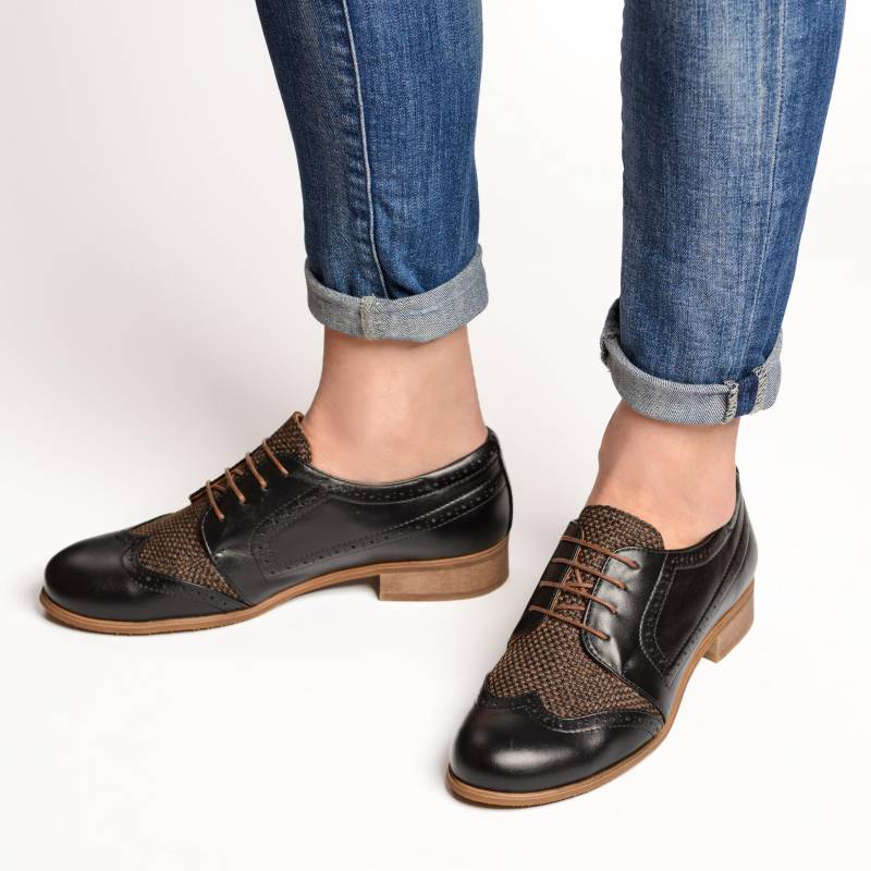 Hendrick - Schwarze Lederschuhe Für Damen Mit Braunen Raffia-Akzenten, Lässige Oxfords-Schuhe, Handgefertigt Und Anpassbar von JuliaBoShoes