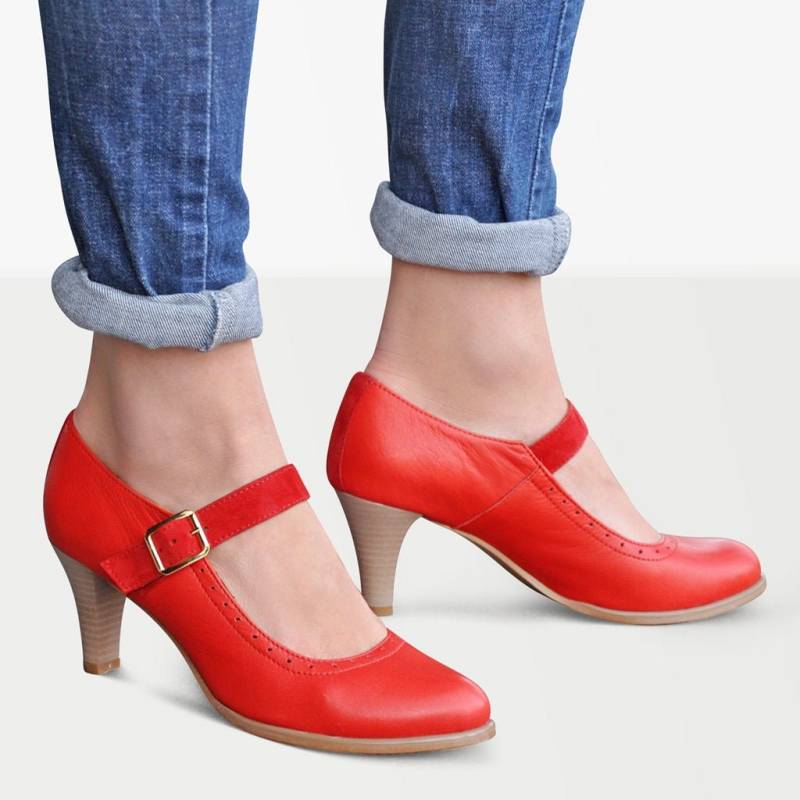 Janis Cone - Mary Jane-Schuhe Mit Absatz Für Damen, Rote Lederschuhe Mandelförmigen Zehen Und Einem Riemenverschluss, Vollständig Handgefertigt von JuliaBoShoes