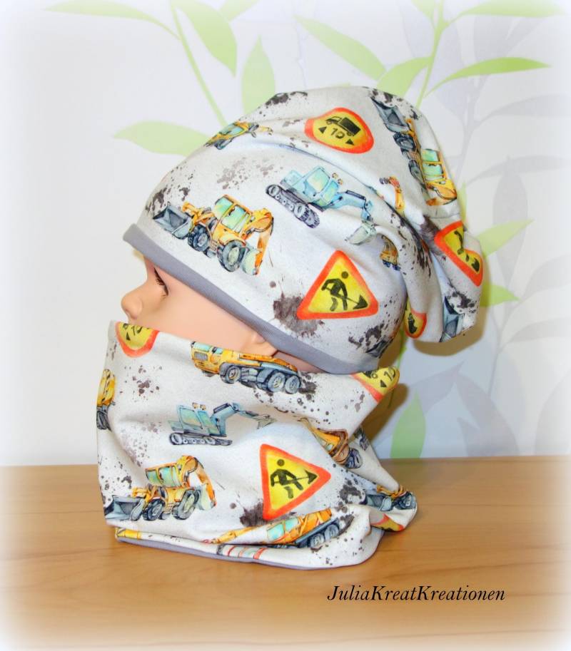 Bagger Traktor Strassenschilder 2Er Set Beanie Mütze Wendemütze Loop Autos Bagger Lkws Baustelle Wunschgröße Grau Blau Handarbeit von JuliaKreatKreationen