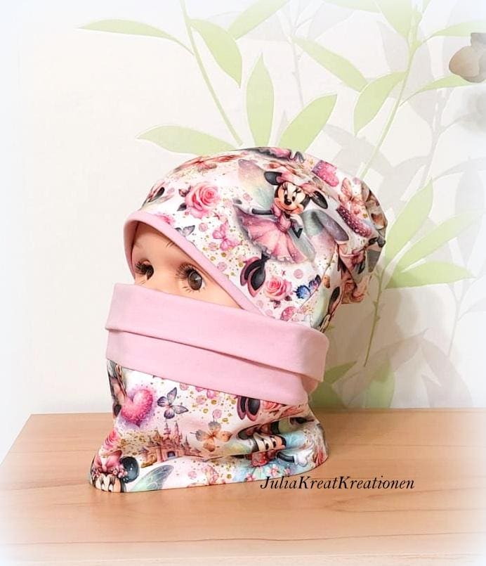 Beanie Mütze Loop 2Er Set Wendemütze Stirnband Maus Rosen Herzen Schmetterling Rosa Gr. 50-52 Handarbeit von JuliaKreatKreationen