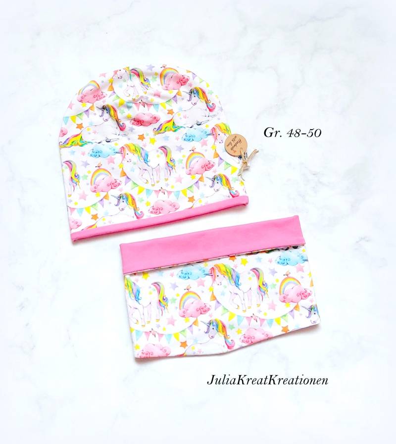 Einhorn Beanie Mütze Wendemütze Loop 2Er Set Rosa Pink Einhorn Blumen Sternen Gr. 48-50/ Gr.46-48 Baby Mädchen Geschenk Handarbeit von JuliaKreatKreationen