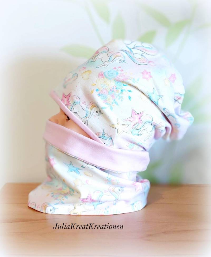 Einhorn Blümen Beanie Mütze Wendemütze 2Er Set Herbst Winter Rosa Bunt Mädchen Gr. 48-50 Handarbeit Geschenk von JuliaKreatKreationen