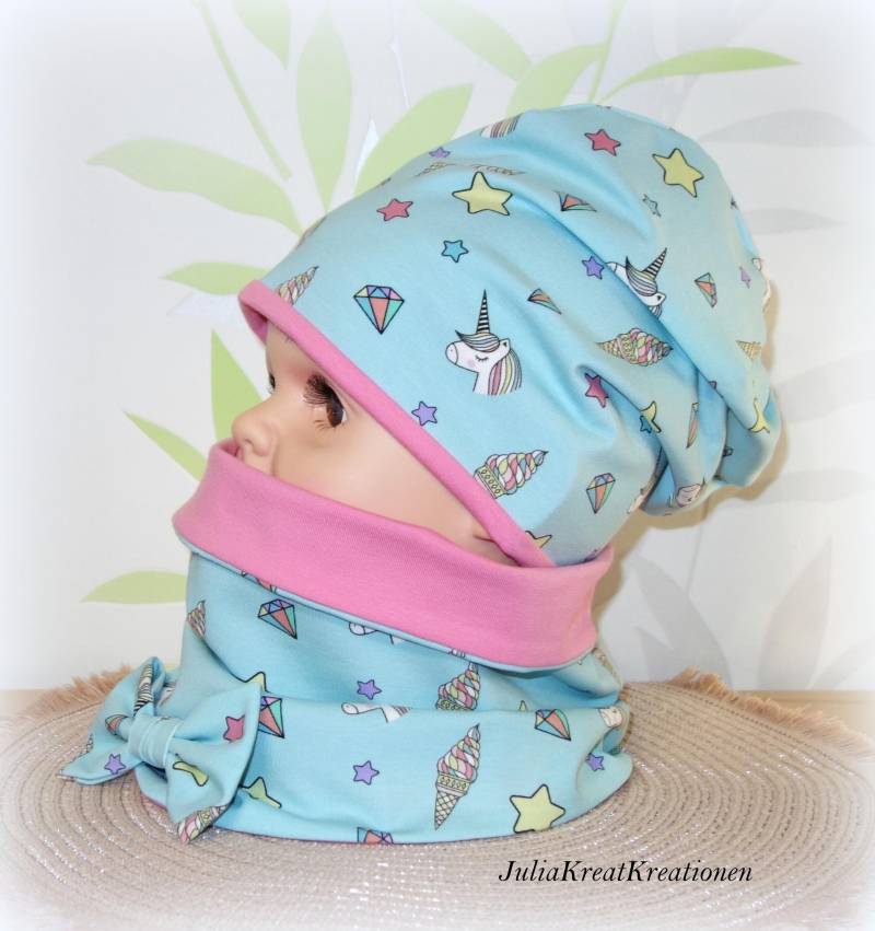 Einhorn Eis Sternen Beanie Loop Wendemütze Mütze Kindermütze 2Er Set Hell Türkis Rosa Gr. 50-52 Geschenkidee Mädchen Accessoires Handarbeit von JuliaKreatKreationen