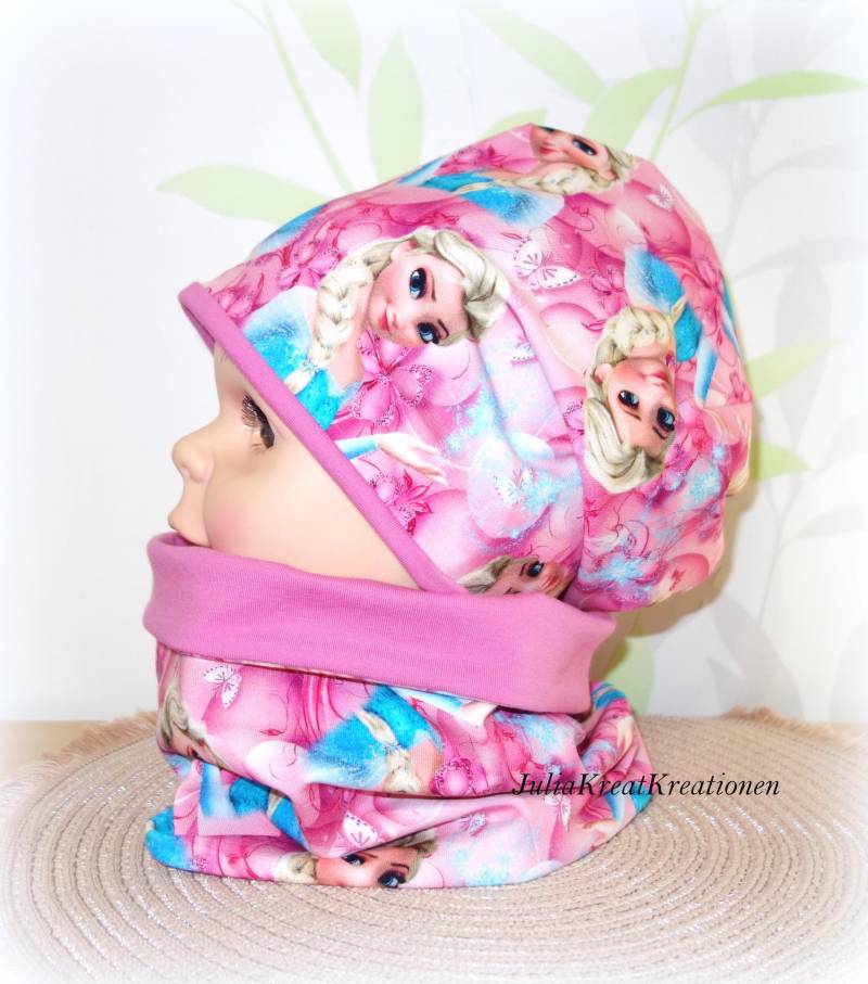 Eis Eiskönigin Beanie Loop Wendemütze Mütze 2Er Set Rosa Rosen Blumen Schmetterling Wunschgröße Handarbeit von JuliaKreatKreationen