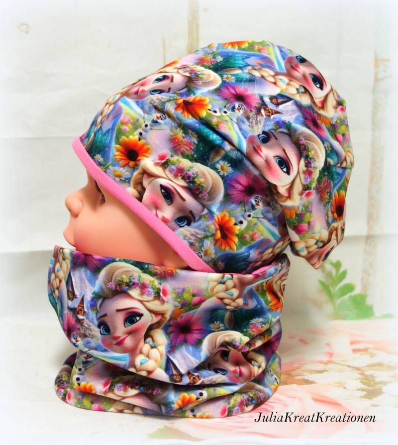 Eis Eiskönigin 2Er Set Beanie Loop Wendemütze Mütze Mädchen Blau Rosa Schneeflocken Blumen Wunschgröße Handarbeit von JuliaKreatKreationen