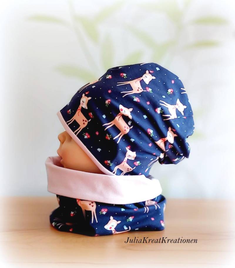 Tiere Wald Reh Schleife 2Er Set Beanie Mütze Wendemütze Loop Wunschgröße Marine Blau Rosa Baby Mädchen Handarbeit Geschenk von JuliaKreatKreationen