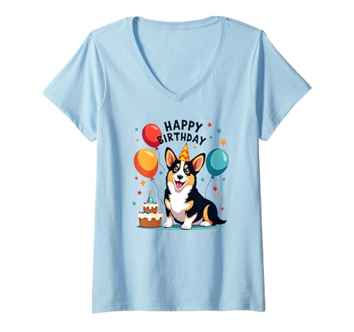 Damen Black and Tan Corgi Dog, Happy Birthday! T-Shirt mit V-Ausschnitt Damen Black and Tan Corgi Dog, Happy Birthday! T-Shirt mit V-Ausschnitt von Juliania's Black and Tan Corgi themed Gifts