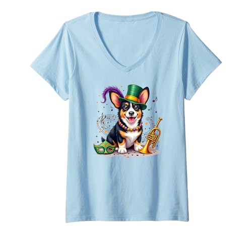 Damen Schwarzer und hellbrauner Corgi-Hund, Mardi Gras T-Shirt mit V-Ausschnitt Damen Schwarzer und hellbrauner Corgi-Hund, Mardi Gras T-Shirt mit V-Ausschnitt von Juliania's Black and Tan Corgi themed Gifts