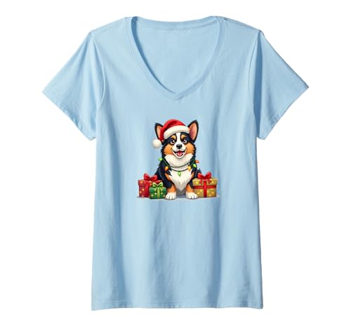 Damen Schwarzer und hellbrauner Corgi-Hund, Weihnachten T-Shirt mit V-Ausschnitt Damen Schwarzer und hellbrauner Corgi-Hund, Weihnachten T-Shirt mit V-Ausschnitt von Juliania's Black and Tan Corgi themed Gifts