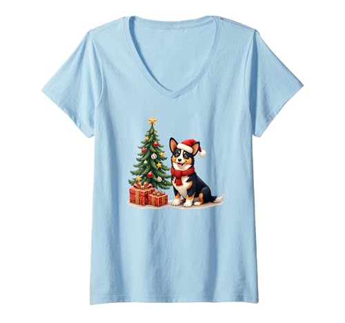 Damen Weihnachtsmütze Corgi, Schwarz/Hellbraun T-Shirt mit V-Ausschnitt von Juliania's Black and Tan Corgi themed Gifts