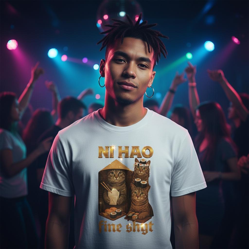 Ni Hao Cat T-Shirt, Funny Collage Design With Sushi & Asian Hats, Y2K Streetwear, Brainrot Shirt, Gen -Z Gift For Him Ni Hao Cat T-Shirt, Funny Collage Design With Sushi & Asian Hats, Y2K Streetwear, Brainrot Shirt, Gen -Z Gift For Him von JuliansShirtStore