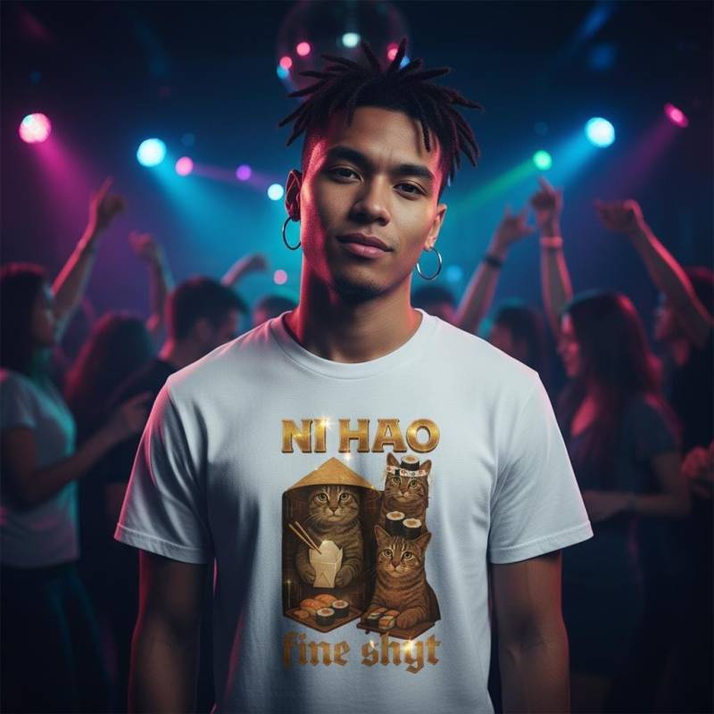 Ni Hao Cat T-Shirt, Funny Collage Design With Sushi & Asian Hats, Y2K Streetwear, Brainrot Shirt, Gen -Z Gift For Him Ni Hao Cat T-Shirt, Funny Collage Design With Sushi & Asian Hats, Y2K Streetwear, Brainrot Shirt, Gen -Z Gift For Him von JuliansShirtStore