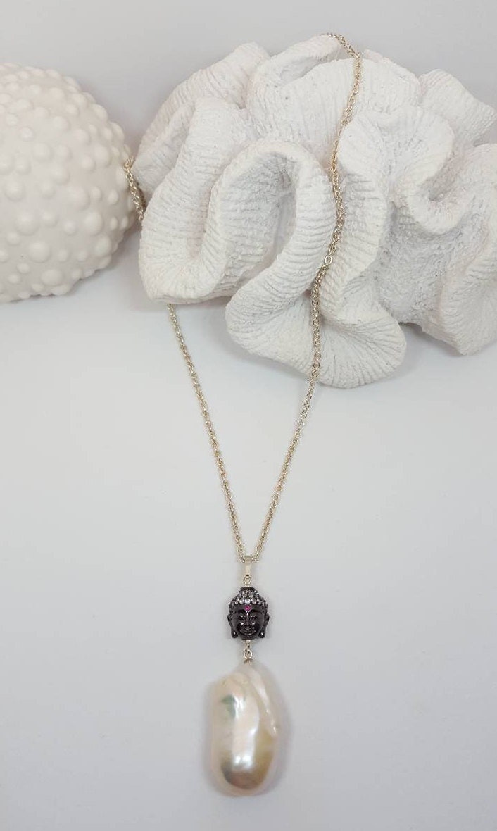 Barock Süßwasserperle Buddha Anhänger Mit Langer Kette in 925 Sterling Silber von JuliasJewelryJJ