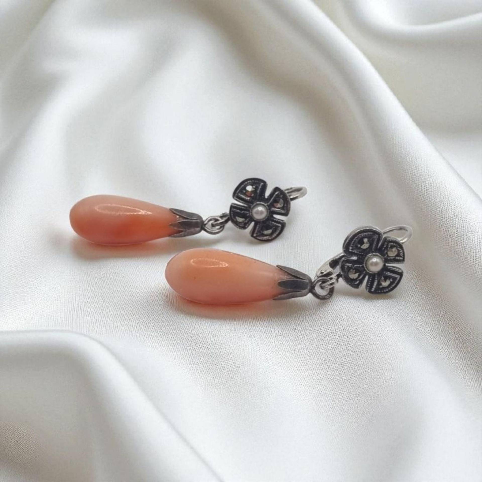 Echte Markasit Ohrringe Mit Echten Korallen Pampeln in 925 Sterling Silber von JuliasJewelryJJ