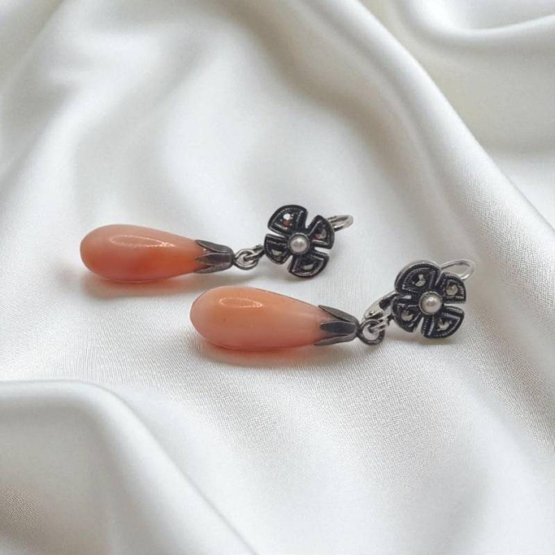 Echte Markasit Ohrringe Mit Echten Korallen Pampeln in 925 Sterling Silber von JuliasJewelryJJ