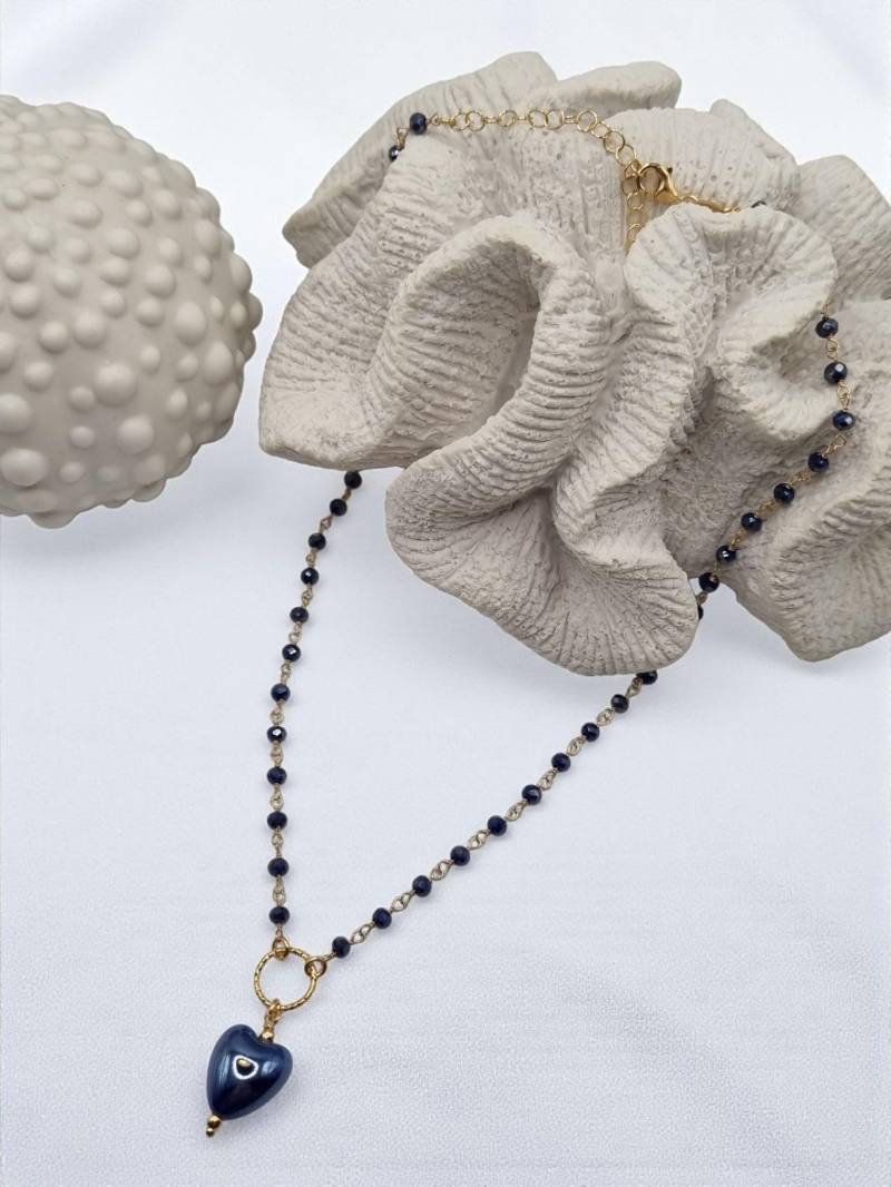 Halskette Collier Mit Blauen Kristallglas Perlen Und Schimmerndem Herz in 925 Sterling Silber Vergoldet von JuliasJewelryJJ
