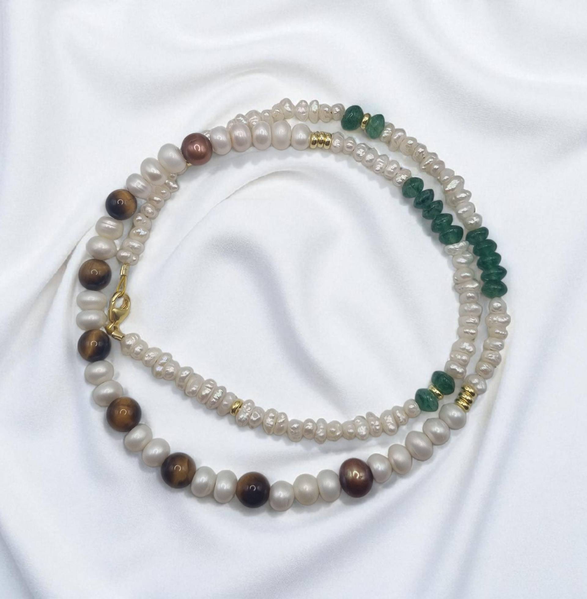 Halskette Echte Süßwasserperlen, Echter Smaragd Und Tigerauge 925 Sterling Silber Vergoldet von JuliasJewelryJJ