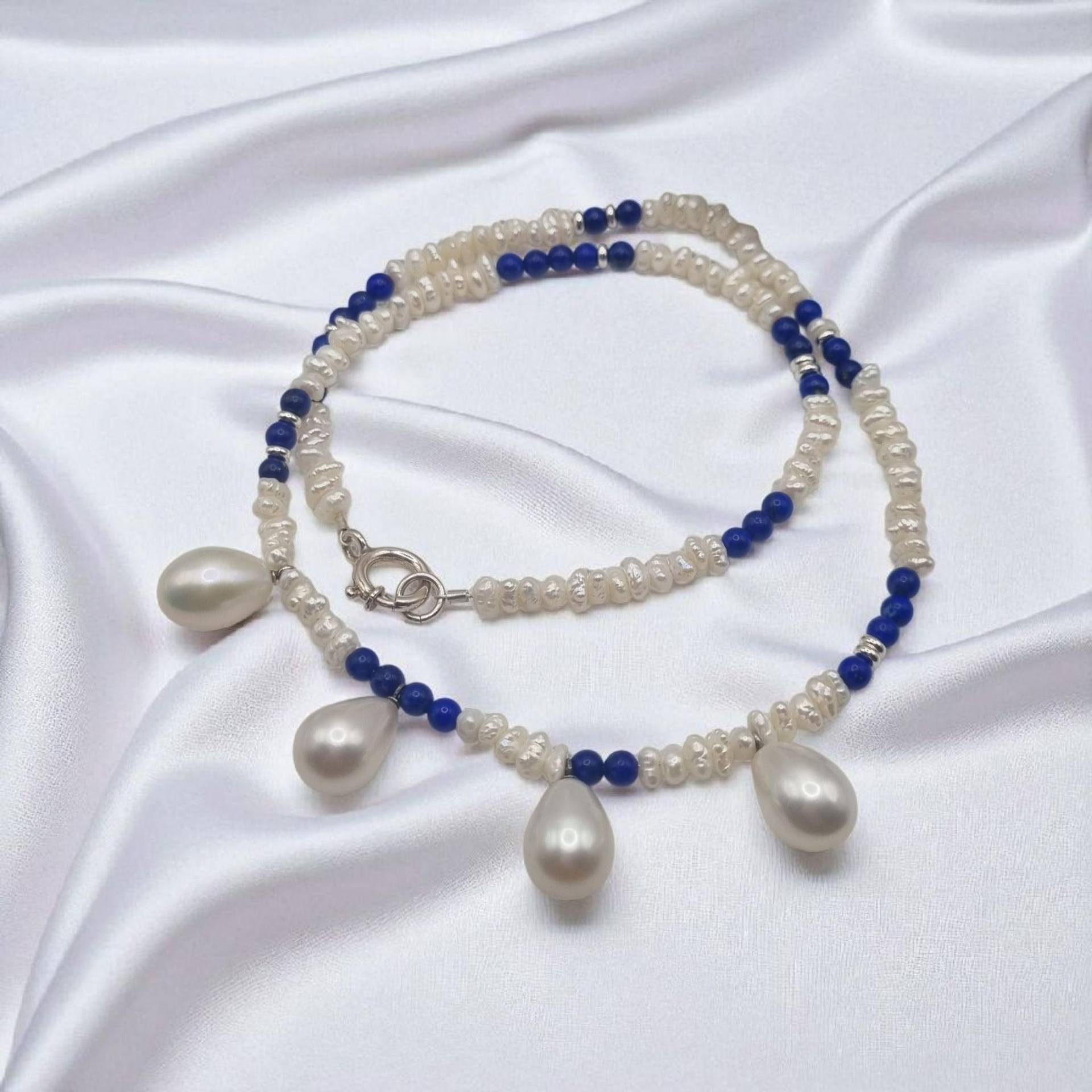 Halskette Echte Süßwasserperlen Biwa Und Tropfen Echter Lapis Lazuli in 925 Sterling Silber von JuliasJewelryJJ
