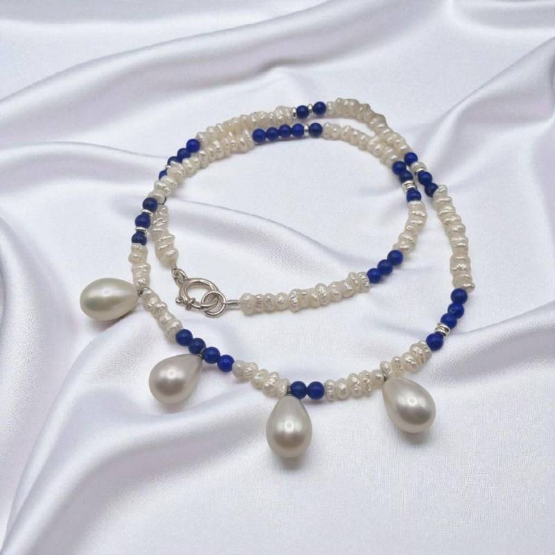 Halskette Echte Süßwasserperlen Biwa Und Tropfen Echter Lapis Lazuli in 925 Sterling Silber von JuliasJewelryJJ