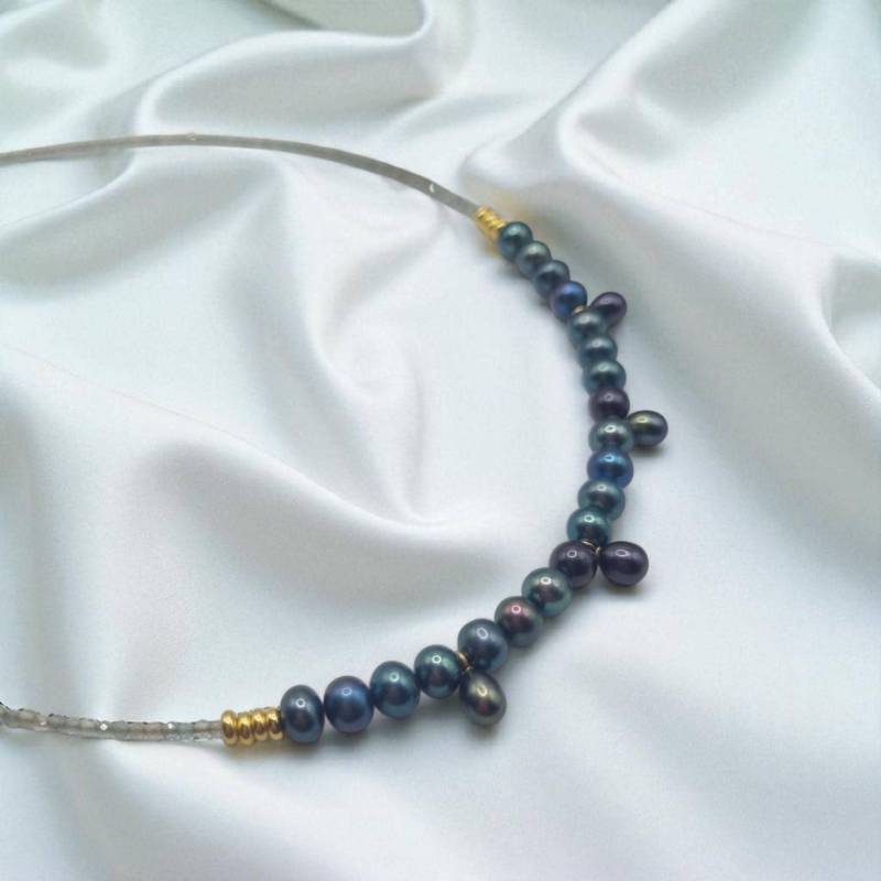 Halskette Mit Echten Süßwasserperlen Und Achat Rondellen Blau 925 Sterling Silber Vergoldet von JuliasJewelryJJ