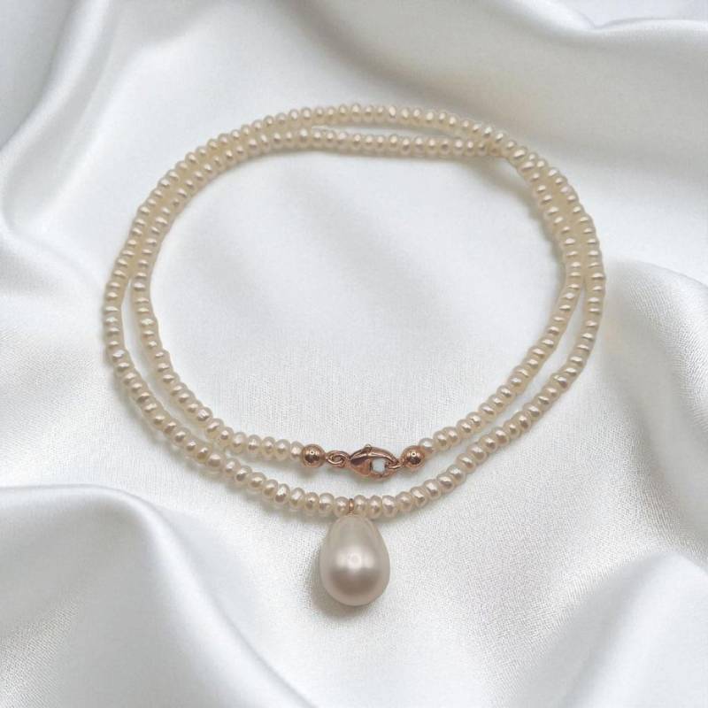 Halskette Mit Echten Süßwasserperlen Und Tropfen in 925 Sterling Silber Rotvergoldet von JuliasJewelryJJ