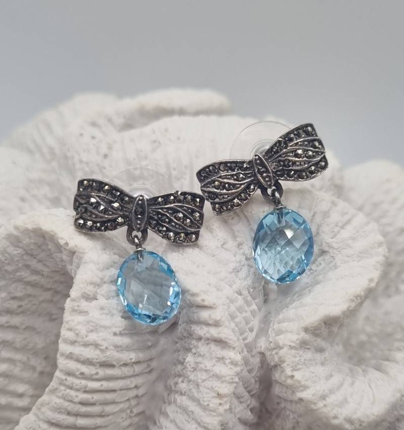 Markasit Schleifen Ohrstecker Mit Echtem Blautopas Oval Facettiert in 925 Sterling Silber von JuliasJewelryJJ