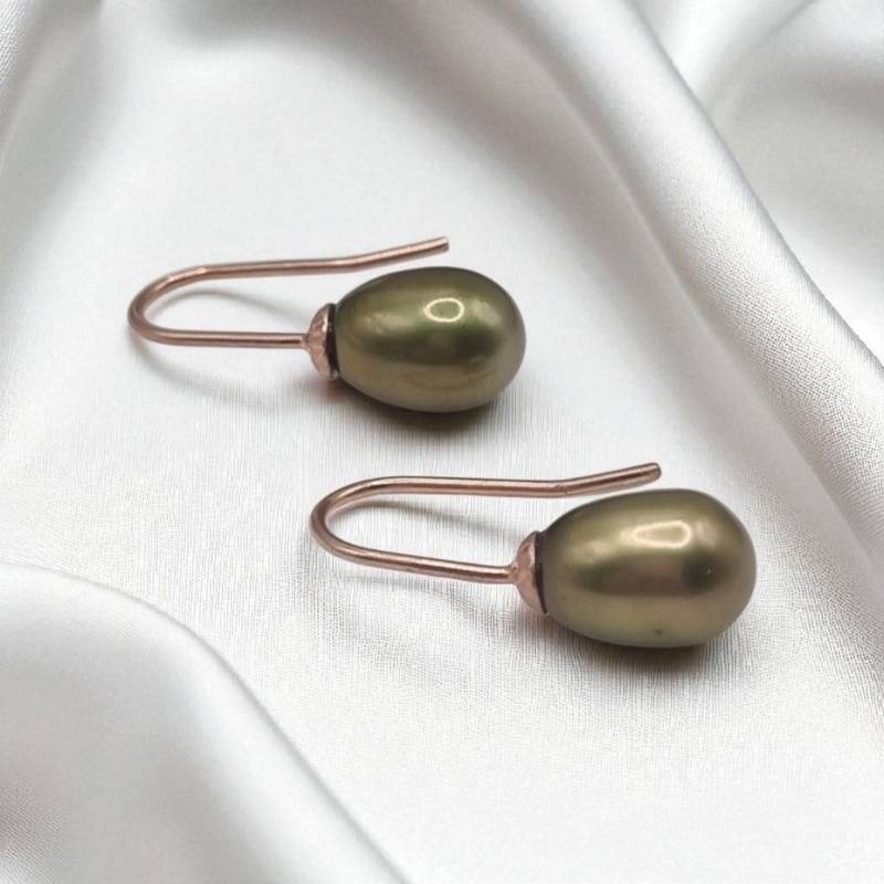 Süßwasserperlen Ohrhänger Kurz Oval Grün 925 Sterling Silber Rotvergoldet von JuliasJewelryJJ