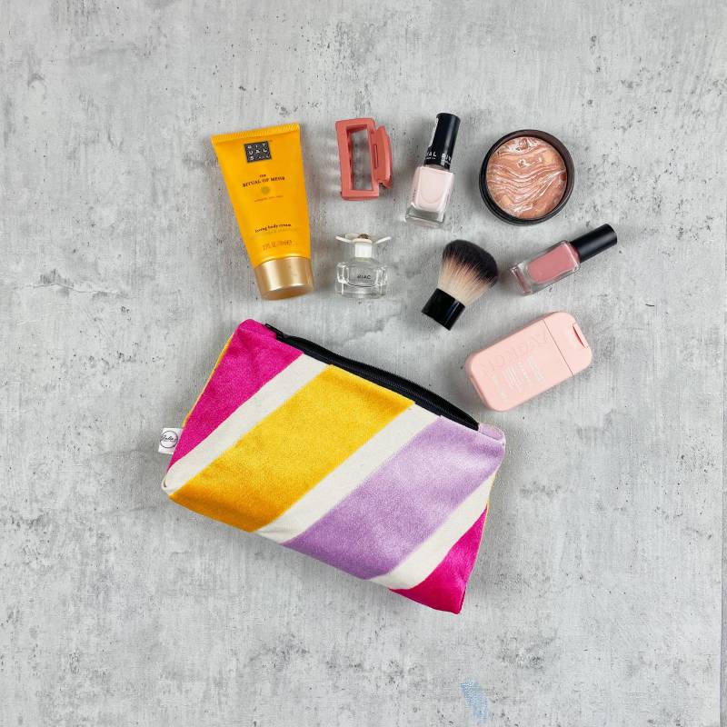 Kosmetiktasche Mit Samt Streifen | Maße 20x12x3cm Schminktäschchen in Pink Lila Gelb Reißverschlusstasche Handgemacht von JuliasPatternPuzzle