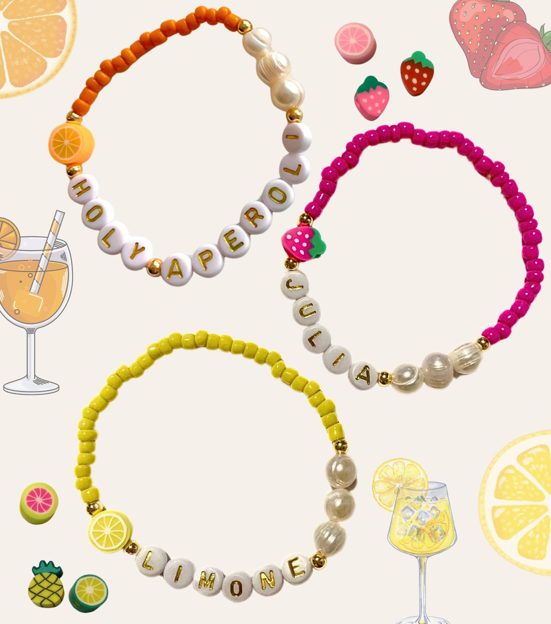 Armband Mit Fruchtperle Personalisiert Wunschtext, Freundschaftsarmband, Geschenk Für Freundin, Mama, Orange, Zitrone, Erdbeere von JuliasSchmuckwerke