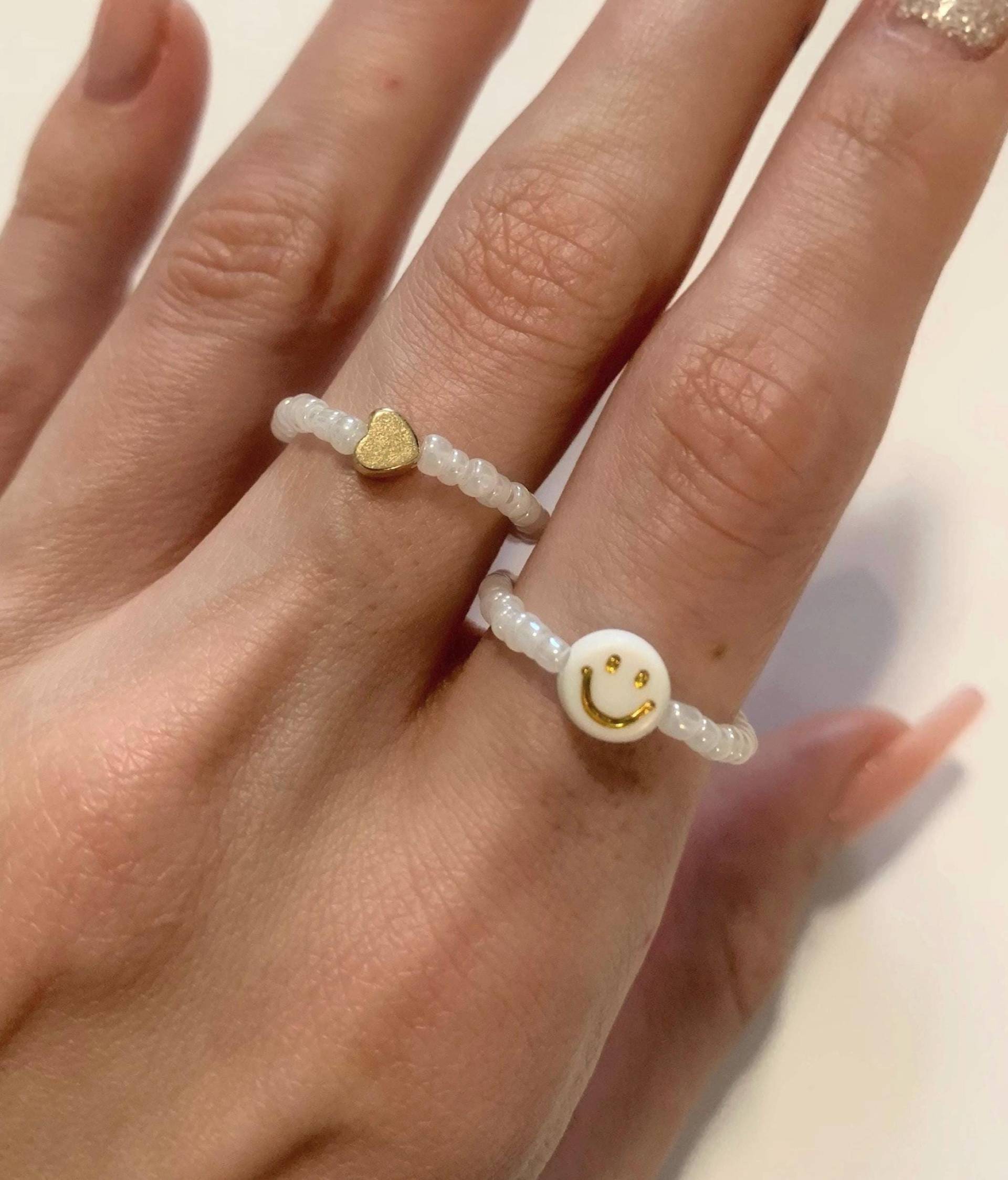 Smiley Ring, Herz Perlen, Freundschaftsarmband, Geschenk Für Freundin, Mama, Gold, Silber, Roségold, Weiß, Ring Mit Gesicht, Lächeln von JuliasSchmuckwerke