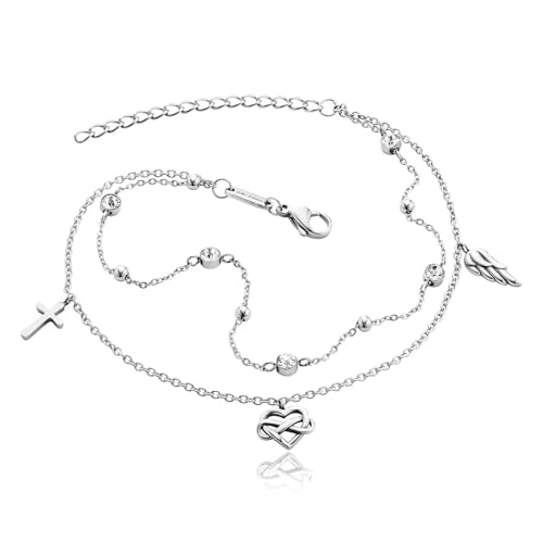 Julie Julsen Anklet CROSS-INFINITY-HEART-WING für Damen aus Edelstahl mit 5 Zirkonia in der Farbe Silber mit JJAC31061S, Länge: 27 cm, JJAC31061S von Julie Julsen