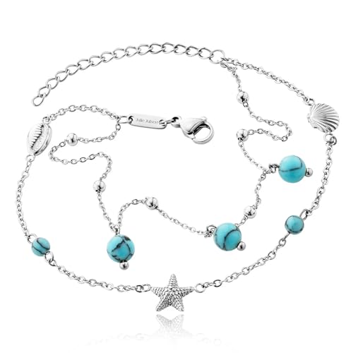 Julie Julsen Anklet SHELL-STARFISH-TURQUOISE für Damen aus Edelstahl mit türkisen Perlen in der Farbe Silber mit JJAC31059S, Länge: 27 cm, JJAC31059S von Julie Julsen