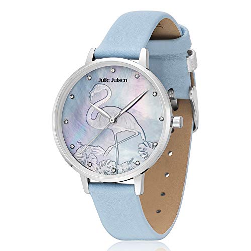 Julie Julsen Damen Quarz Armband-Uhr aus Edelstahl mit Leder Band - Flamingo Blue - JJW1006SL-01 von Julie Julsen
