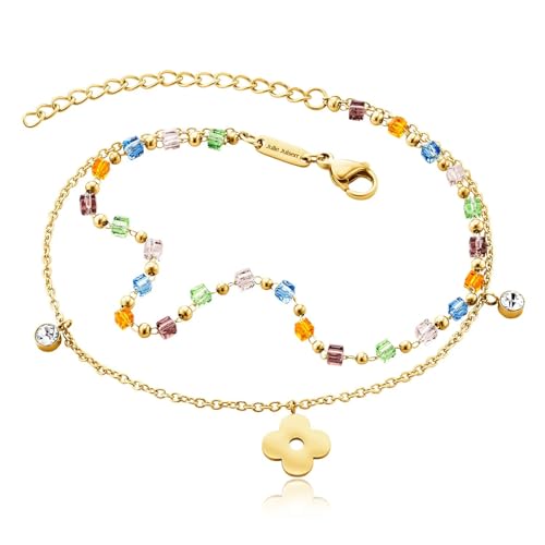 Julie Julsen vergoldet Anklet FLOWER-COLOUR BEADS für Damen aus Edelstahl mit bunten Perlen in der Farbe Silber mit JJAC31058G, Länge: 27 cm, JJAC31058G von Julie Julsen