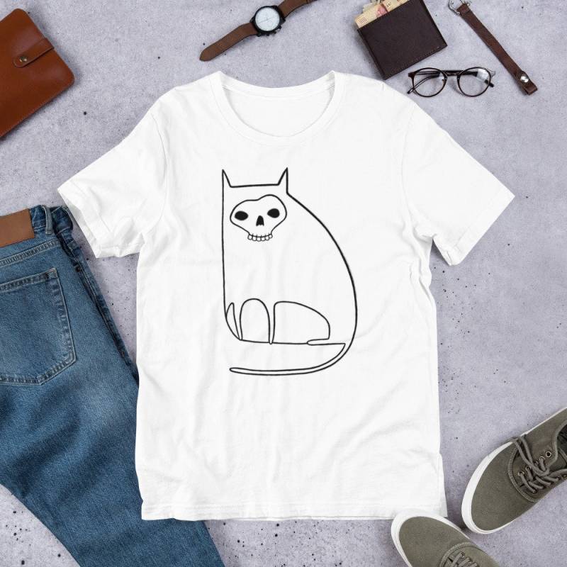 Gerade Schnitt T-Shirt Katzen-Schädel-Halloween-Kunst-Grafik-T-stück Volkskunst-Geburtstags-Geschenke von JulieFitzGeraldArt