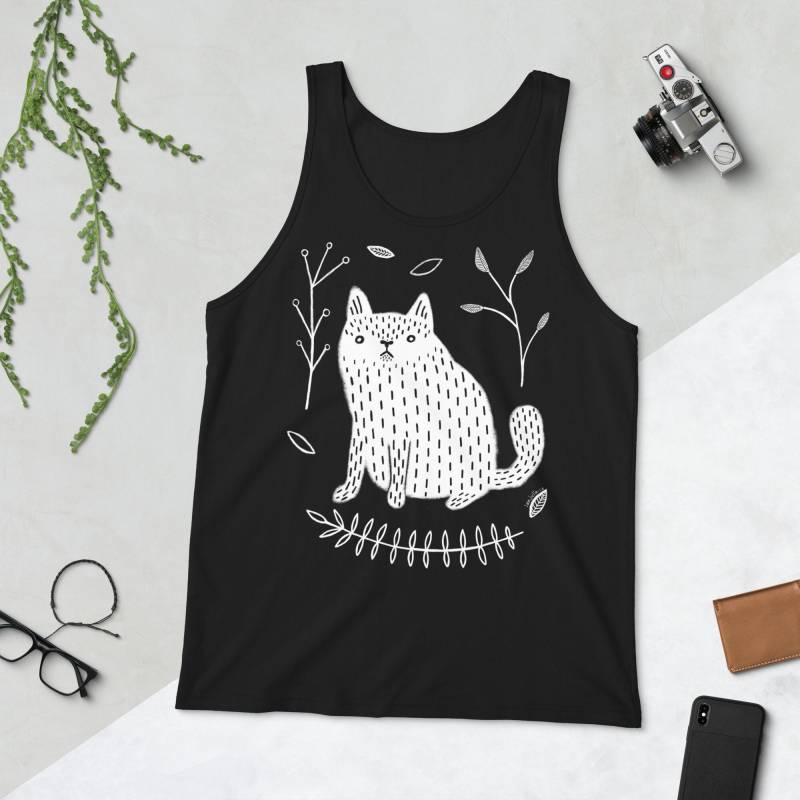 Tank Top Schwarze Katze Volkskunst Kawaii Kitty Niedliche Geburtstagsgeschenke Festival Wear Yoga Tops Nette Seltsame Geschenke Für Katzenliebhaber von JulieFitzGeraldArt