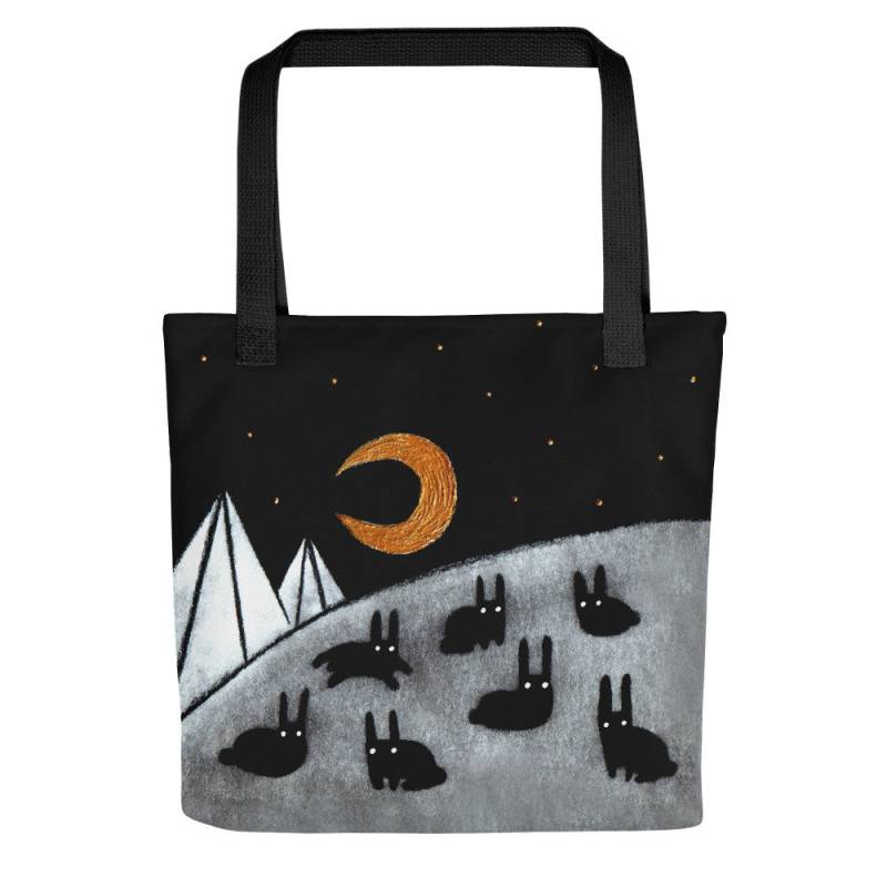 Tasche Kaninchen Mond Geburtstag Einweihungsparty Geschenke Wunderliche Mondsichel Niedlich Schrullig Seltsam Einkaufen Einkaufstüten Häschen Berg von JulieFitzGeraldArt