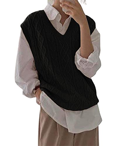 Damen V-Ausschnitt Pullover Weste Oversized Ärmellos Lose Strickoberteile Kabel Ärmellos Pullover - Schwarz - Groß von Juliet Holy