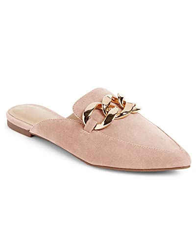 Juliet Holy Damen-Pantoletten, flache Schuhe, spitzer Zehenbereich, rückenfrei, Schlupfschuhe, Metallketten-Slides, Blush, 39 EU von Juliet Holy