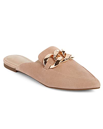 Juliet Holy Damen-Pantoletten, flache Spitze, rückenfrei, Slipper, Metallkette, Slides, hellbraun, 40.5 EU von Juliet Holy