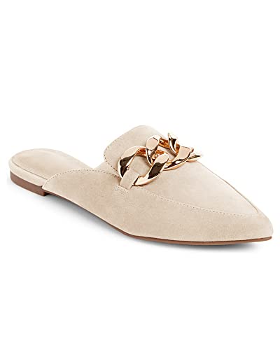 Juliet Holy Damen-Pantoletten, flache Spitze, rückenfrei, Slipper, Metallkette, Slides, nude, 38 EU von Juliet Holy