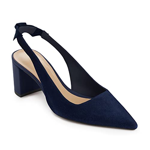 Juliet Holy Damen-Pumps mit spitzem Zehenbereich, Slingback, niedliche Schleife, klassischer dicker Blockabsatz, Marineblau, 38 EU von Juliet Holy