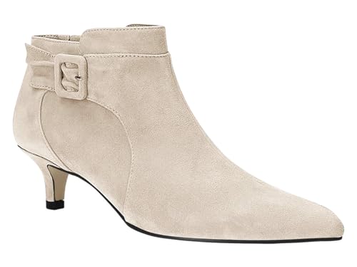 Juliet Holy Damen Stiefeletten mit spitzem Zehenbereich, Kätzchenabsatz, Wildlederimitat, seitlicher Reißverschluss, beige, 37 EU von Juliet Holy