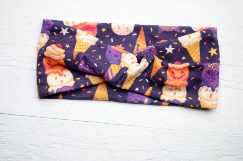 stirnband Für Den Herbst/Winter Aus Bio-Baumwolle Jersey Happy Halloween Katzen Kürbis Und Eiscreme Ohren Wärmer Haarband von JuliettaVgwendetta