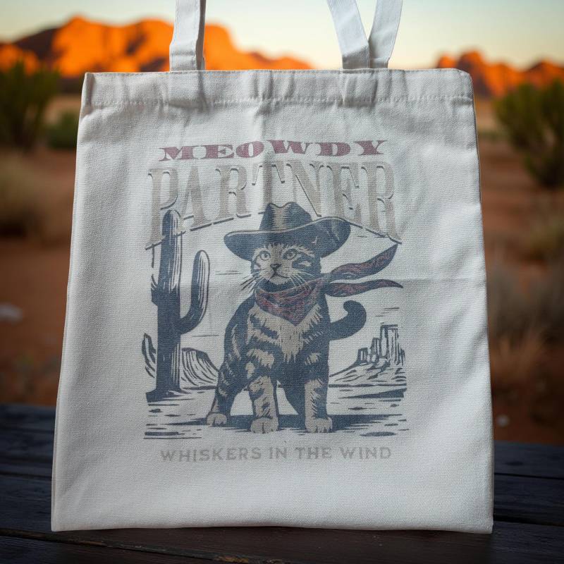 Canvas Tasche Kleine Katze Cowboy Whiskers in The Wind - Wild West Tasche Mystery Bag Cute Baumwoll Jute Geschenkidee Cat von Julmondes