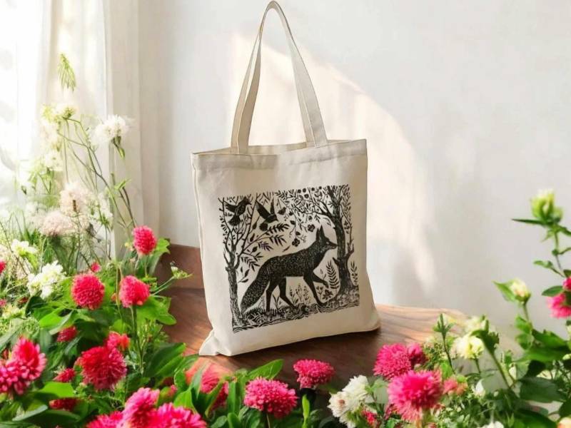 Canvas Tasche Kleiner Vintage Fuchs Schwarz Weiß Grau Waldtiere Kleine Vögel Mystery Bag Cute von Julmondes