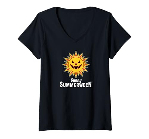 Damen Sonne geschnitzter Kürbis T-Shirt mit V-Ausschnitt Damen Sonne geschnitzter Kürbis T-Shirt mit V-Ausschnitt von July August Halloween
