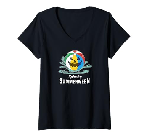 Damen Strandball geschnitzter Kürbis T-Shirt mit V-Ausschnitt Damen Strandball geschnitzter Kürbis T-Shirt mit V-Ausschnitt von July August Halloween