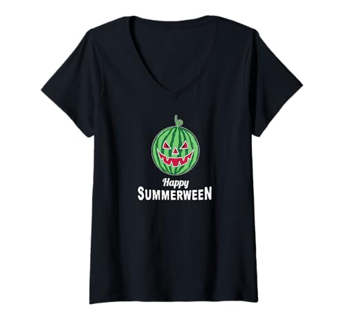 Damen Wassermelone geschnitzter Kürbis T-Shirt mit V-Ausschnitt Damen Wassermelone geschnitzter Kürbis T-Shirt mit V-Ausschnitt von July August Halloween
